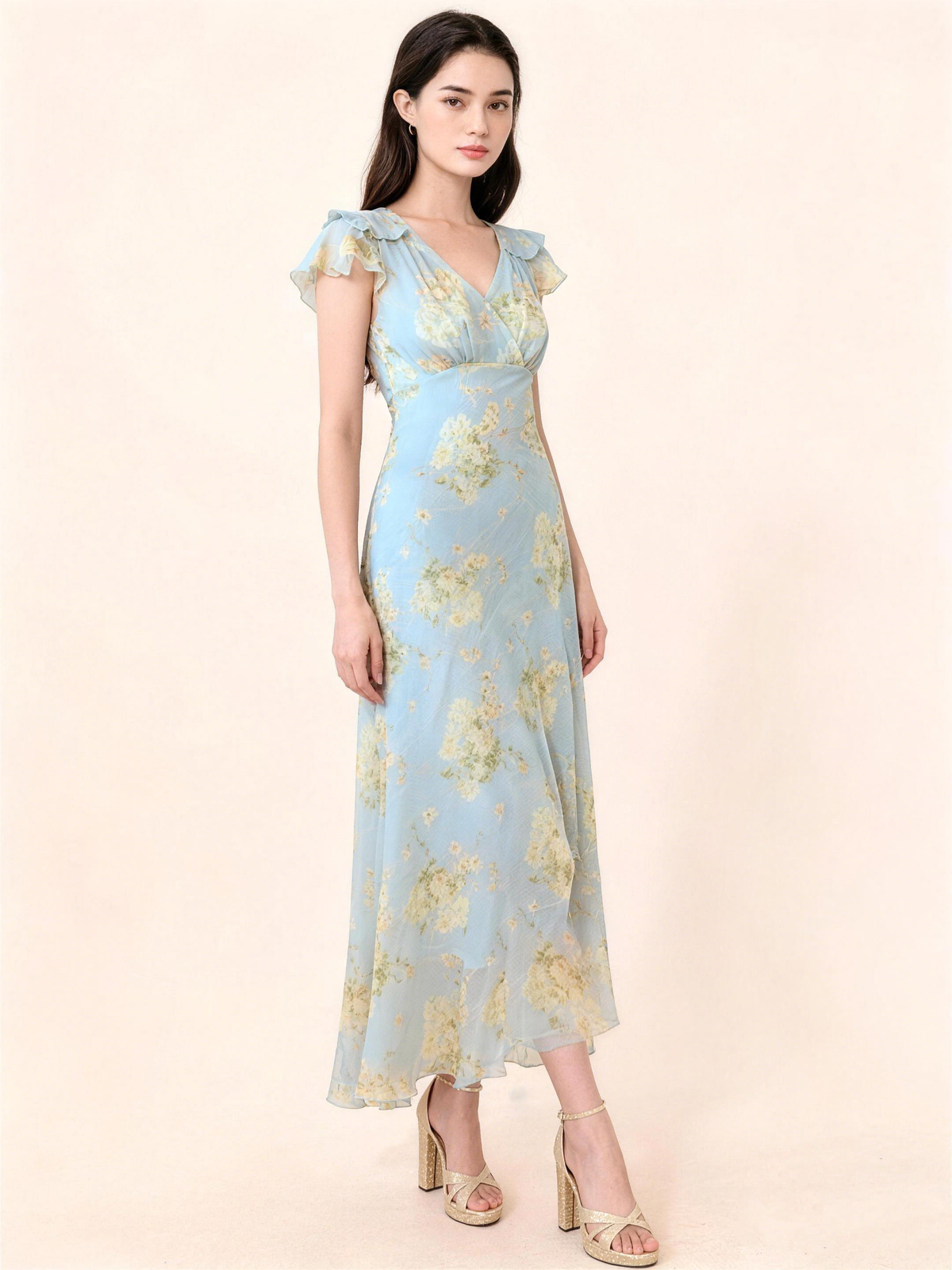 IMANI DRESS  Floral Ruffle Sleeve V-Neck Chiffon Maxi Dress Elegant A-Line Wedding Guest Summer Vacation - Seldom Seen Styles
