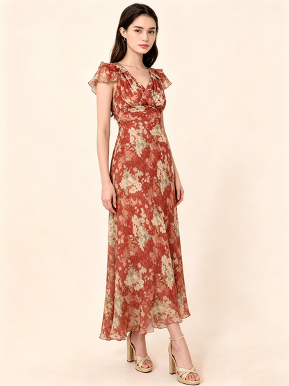 IMANI DRESS  Floral Ruffle Sleeve V-Neck Chiffon Maxi Dress Elegant A-Line Wedding Guest Summer Vacation