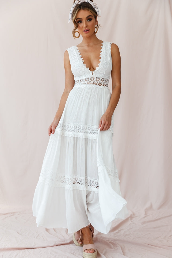 V-Cut White Boho Maxi Dress - Seldom Seen Styles