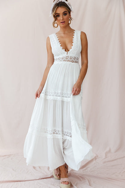 V-Cut White Boho Maxi Dress