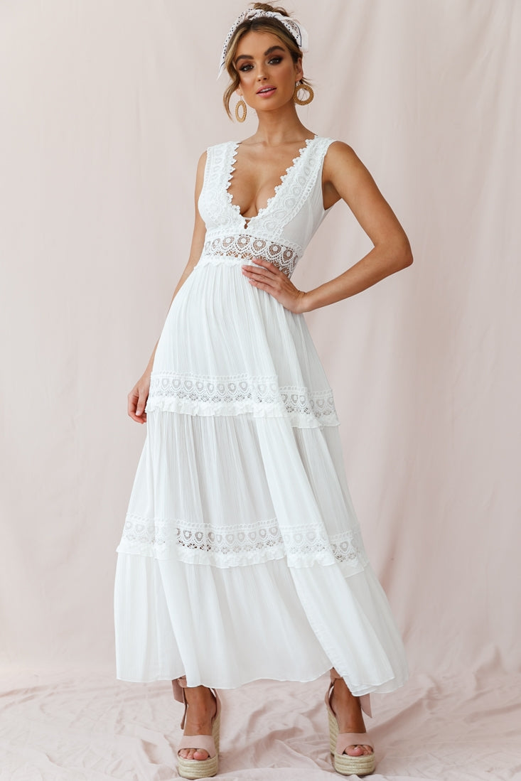 V-Cut White Boho Maxi Dress - Seldom Seen Styles