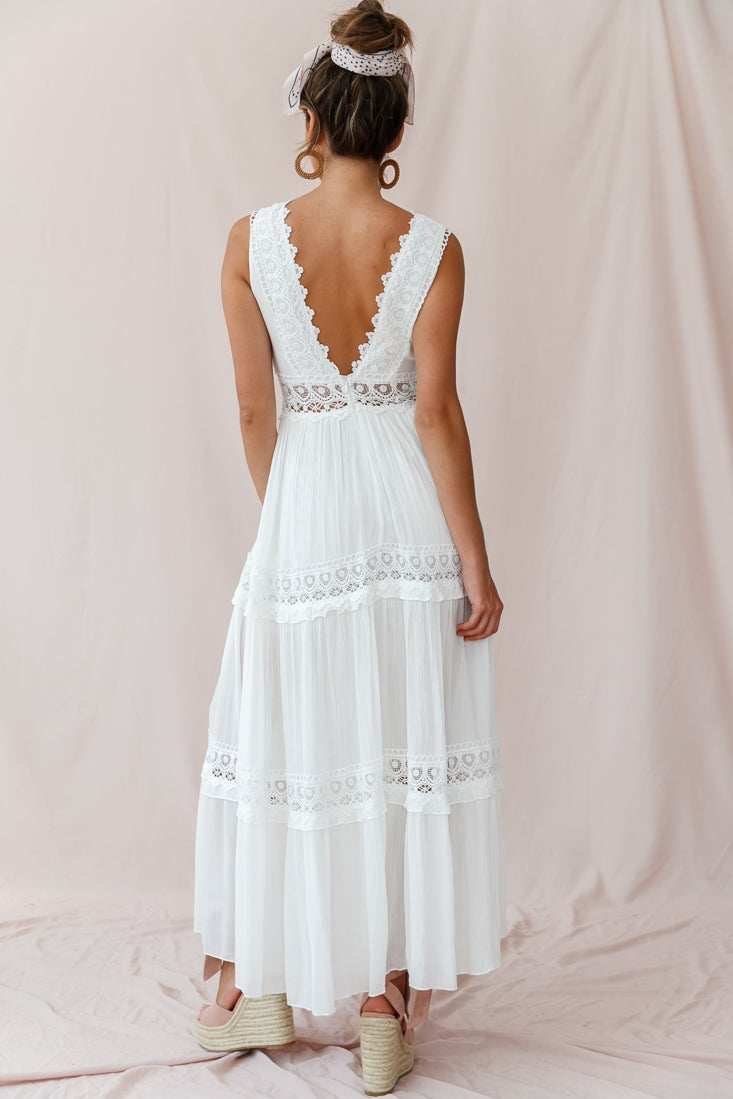 V-Cut White Boho Maxi Dress - Seldom Seen Styles