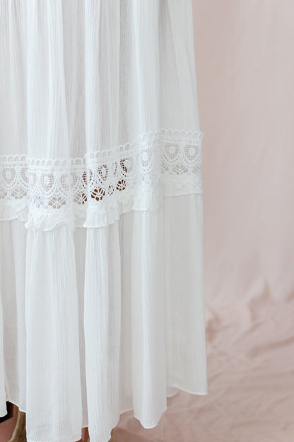 V-Cut White Boho Maxi Dress