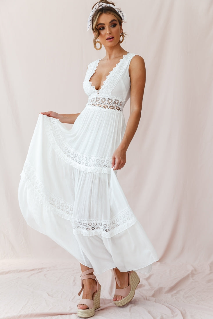 V-Cut White Boho Maxi Dress - Seldom Seen Styles