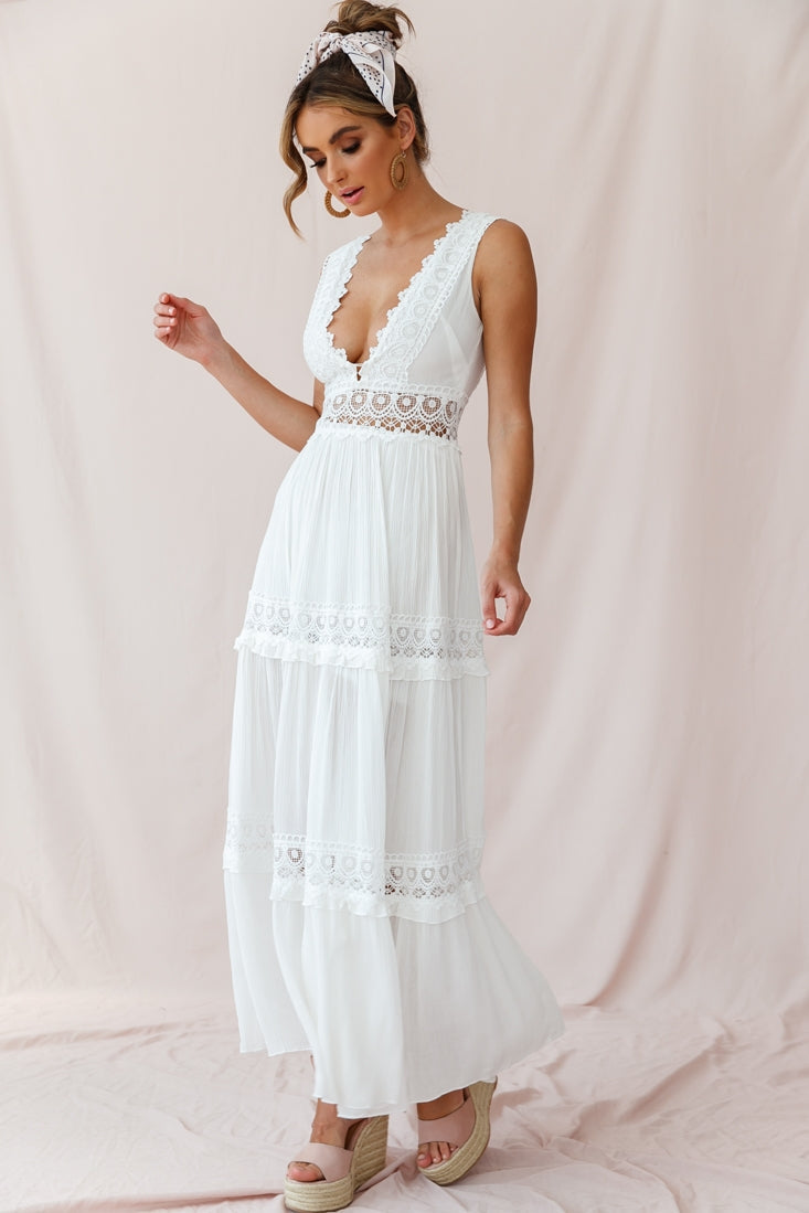 V-Cut White Boho Maxi Dress - Seldom Seen Styles