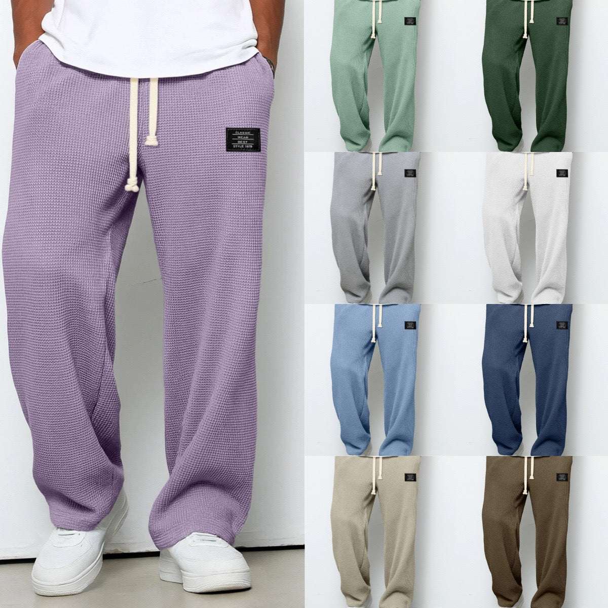 Waffle Pants for Men Casual Vintage Solid Color Pant Drawstring Baggy Lightweight Textured Trousers Fashion Pants Men