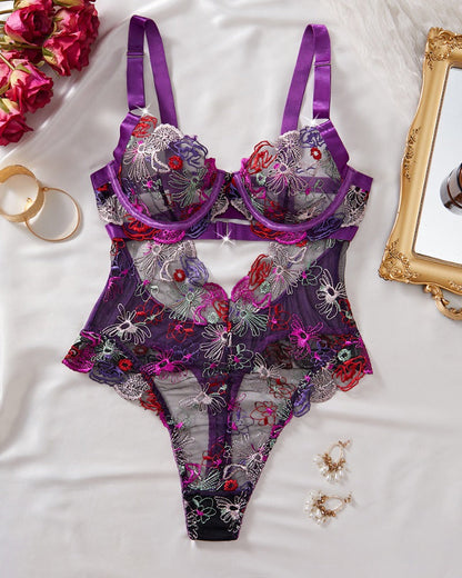 Women's Floral Embroidery Cut Out Sheer Sexy Lingerie