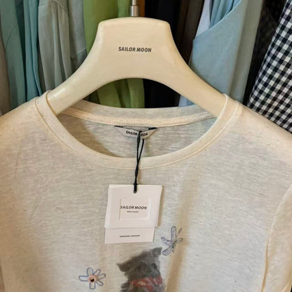 Stellen Sie sich vor: SAILORMOON koreanisches vielseitiges, süßes Katzen-Print, locker sitzendes kurzärmeliges T-Shirt für Damen, Sommer-Pullover