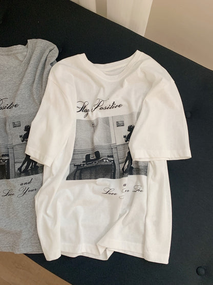 Vintage Foto Grafik T-Shirt – „Stay Positive“ Ästhetik Lässiges Oversize T-Shirt