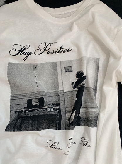 Vintage Foto Grafik T-Shirt – „Stay Positive“ Ästhetik Lässiges Oversize T-Shirt