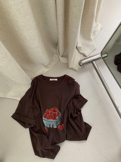 Französisches Erdbeer-Grafik-T-Shirt – Süßes Ästhetisches Oversized Sommer T-Shirt für Damen