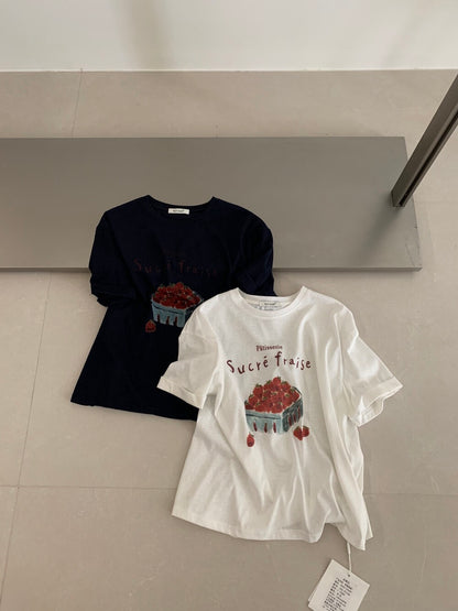 Französisches Erdbeer-Grafik-T-Shirt – Süßes Ästhetisches Oversized Sommer T-Shirt für Damen