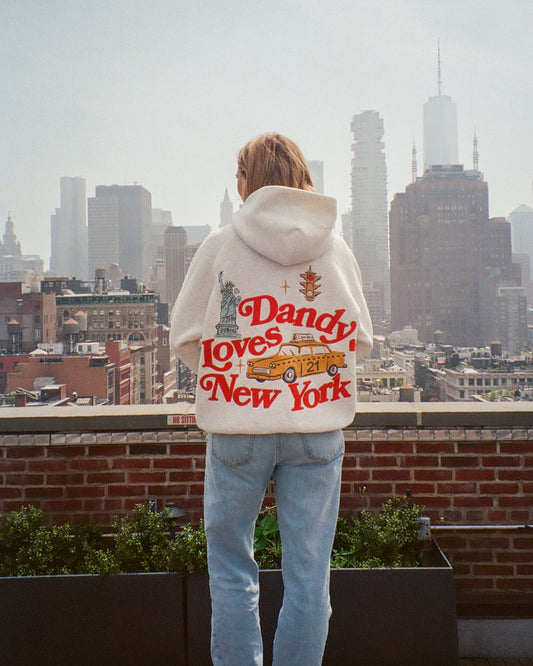 Person wearing a hoodie with 'Dandy Loves New York' text and graphic, standing on a rooftop with city skyline in the background.