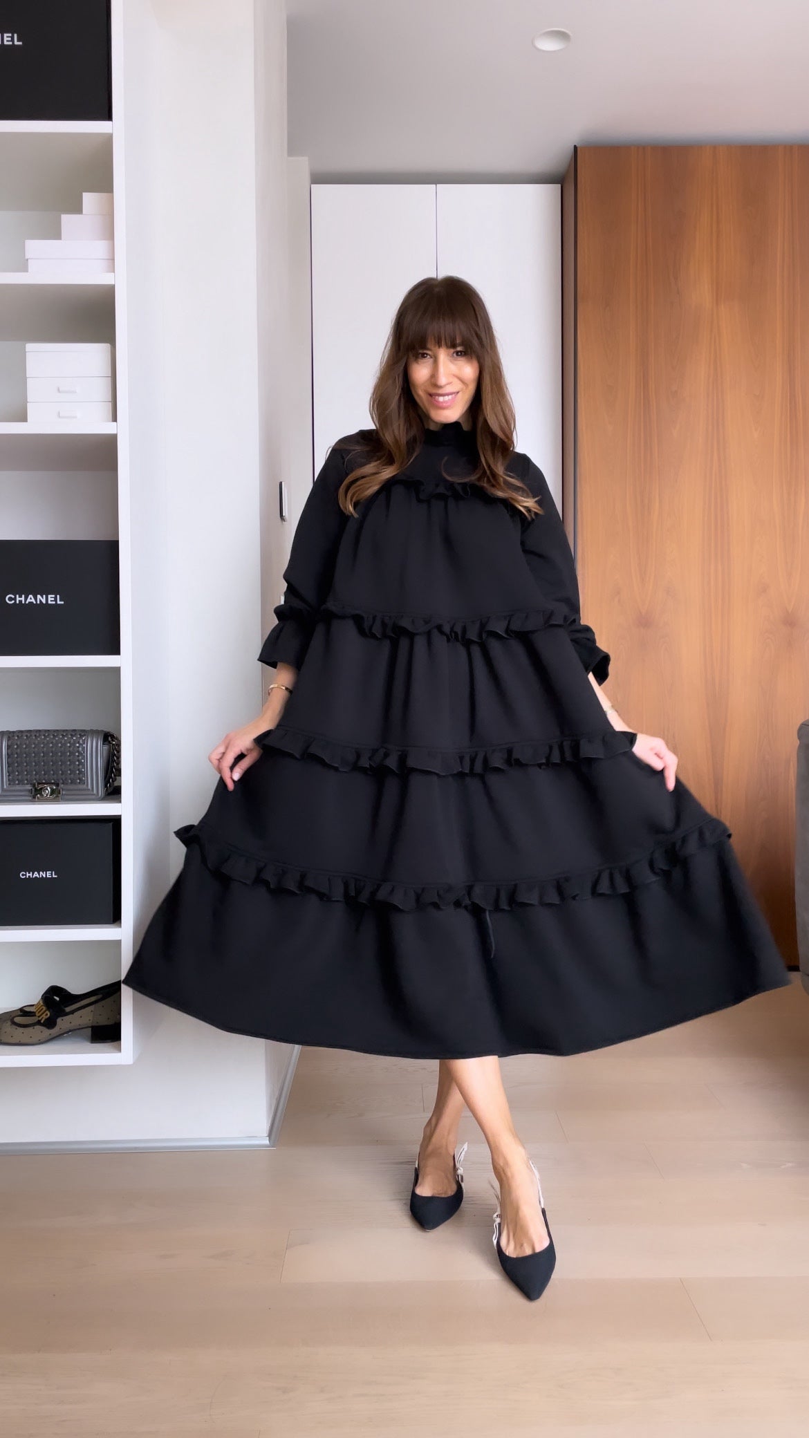 Womens Mock Neck Maxi Babydoll Dress Fall Casual Loose Cute Long Sleeve Ruffle Hem Long Dress Solid Color - Seldom Seen Styles