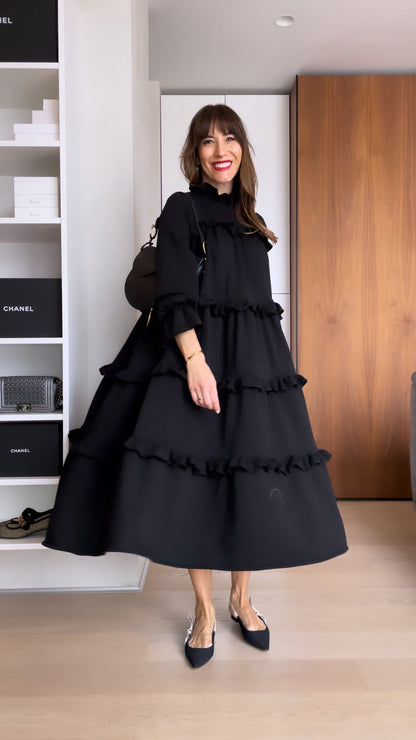 Womens Mock Neck Maxi Babydoll Dress Fall Casual Loose Cute Long Sleeve Ruffle Hem Long Dress Solid Color