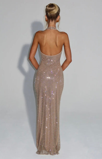 Alara Crystal Mesh Maxi Gown — Halter Neck Open Back | S-XL
