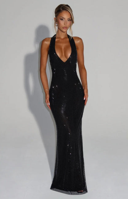 Alara Crystal Mesh Maxi Gown — Halter Neck Open Back | S-XL