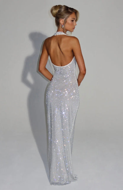 Alara Crystal Mesh Maxi Gown — Halter Neck Open Back | S-XL