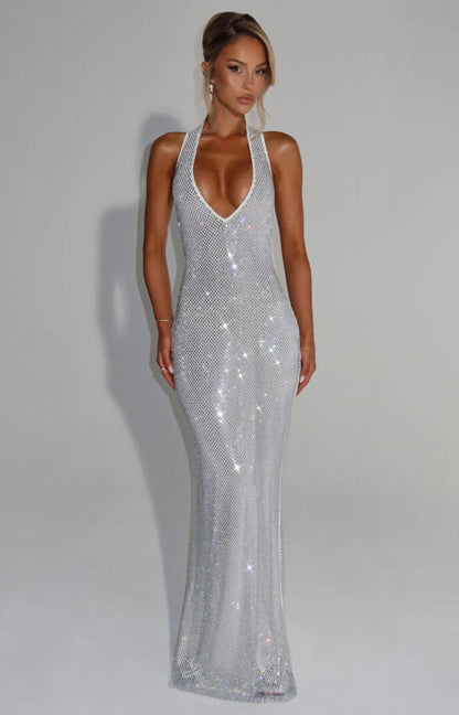 Alara Crystal Mesh Maxi Gown — Halter Neck Open Back | S-XL