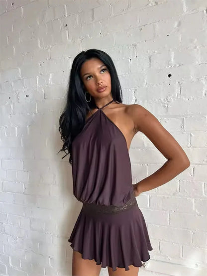 Women's Halter Backless Mini Dress Flowy Sleeveless Summer Beach Vacation Dress