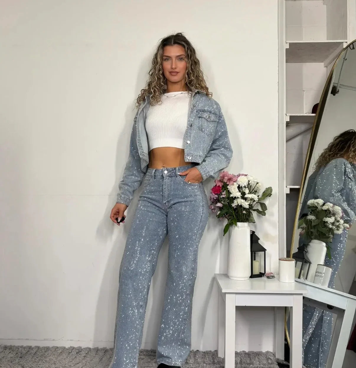 High Waisted Diamanté Straight Leg Jeans - Seldom Seen Styles