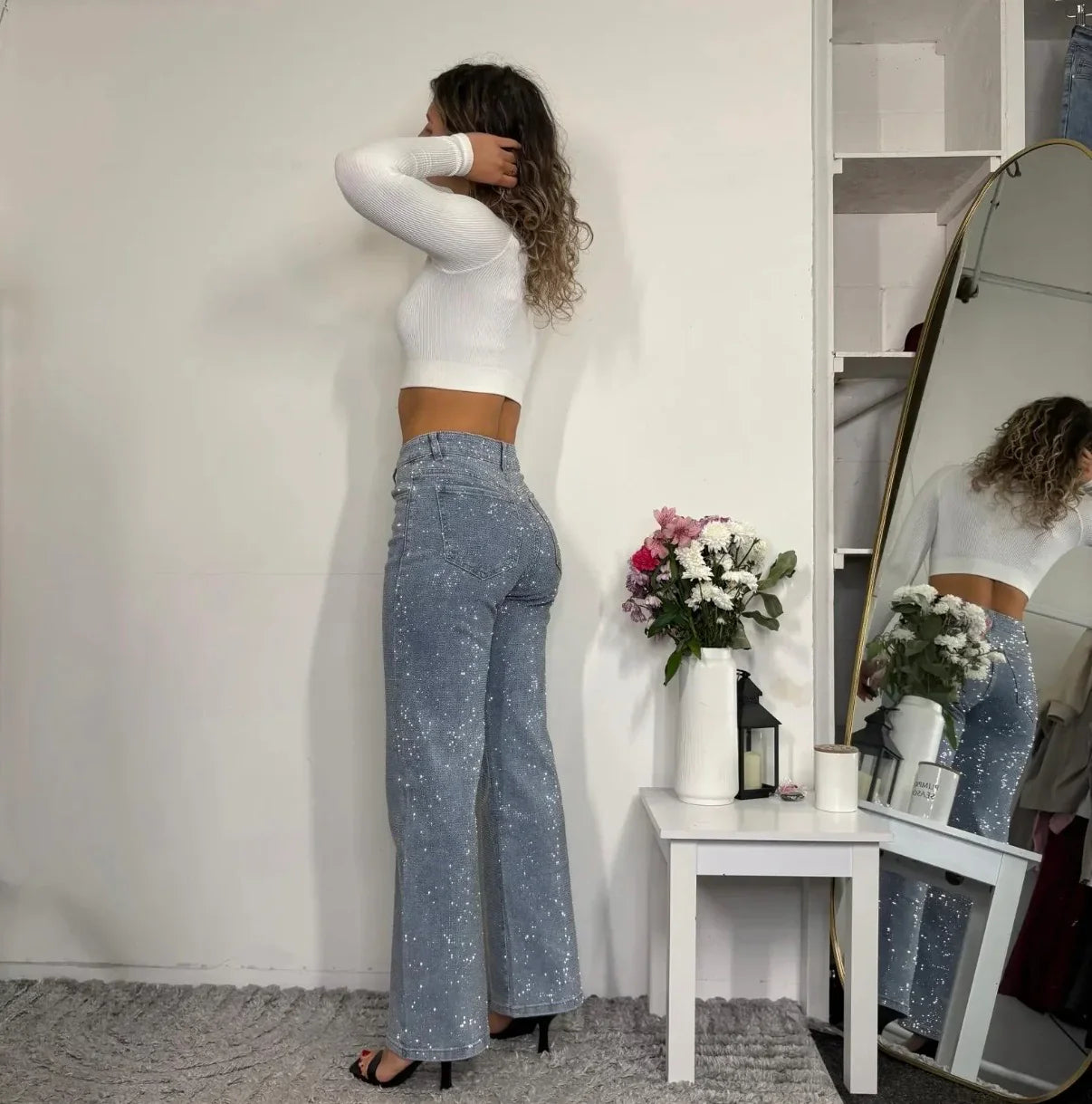 High Waisted Diamanté Straight Leg Jeans - Seldom Seen Styles