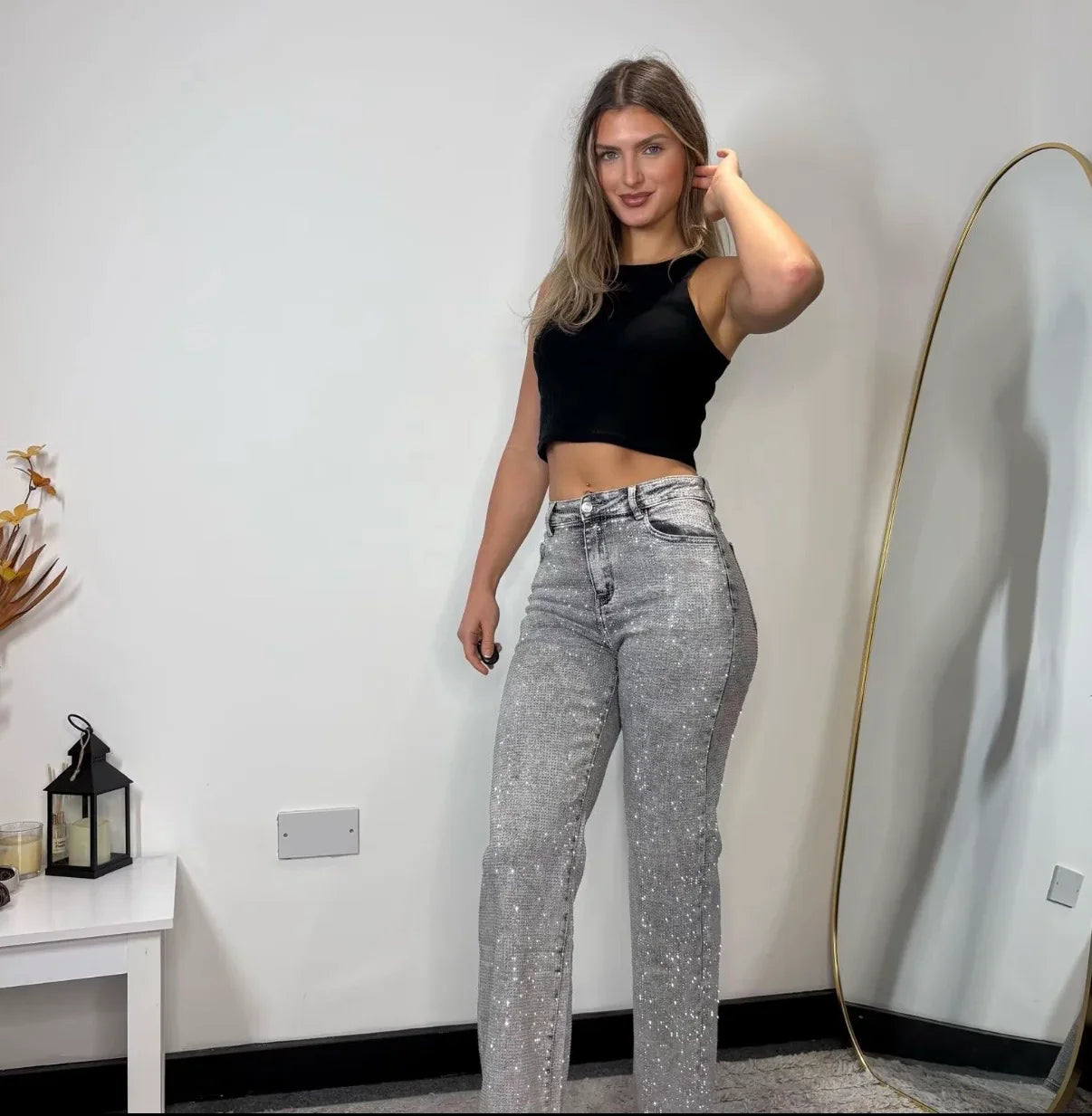 High Waisted Diamanté Straight Leg Jeans - Seldom Seen Styles