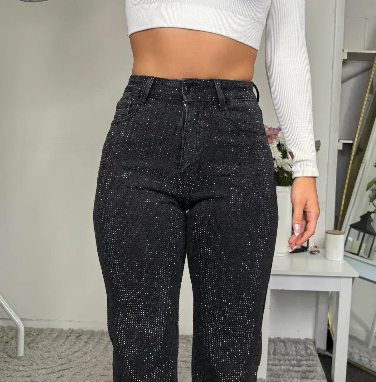 High Waisted Diamanté Straight Leg Jeans - Seldom Seen Styles