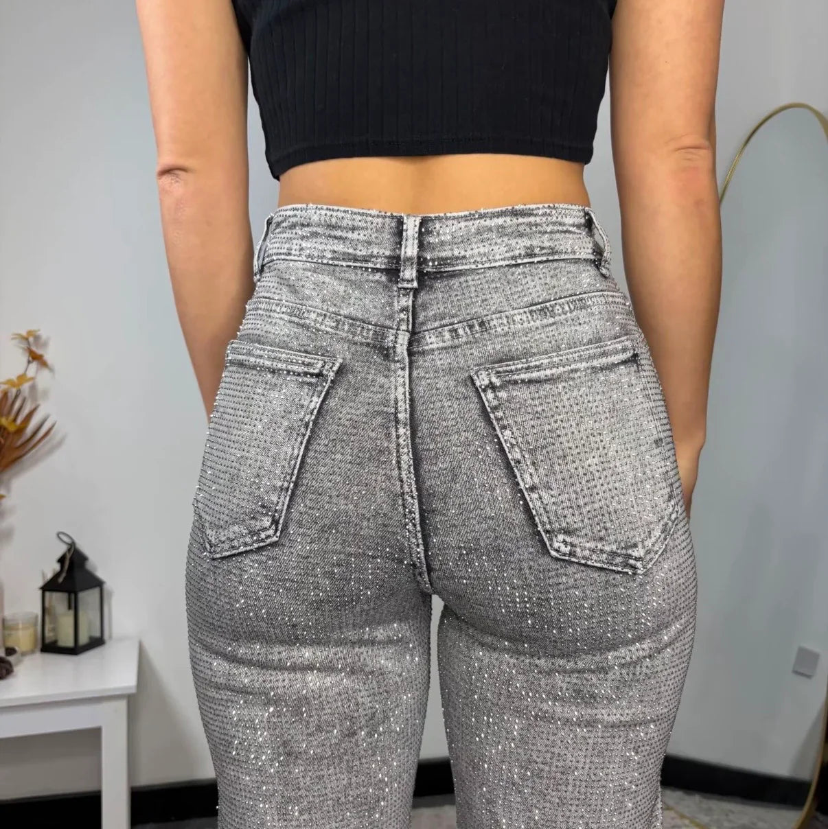 High Waisted Diamanté Straight Leg Jeans - Seldom Seen Styles
