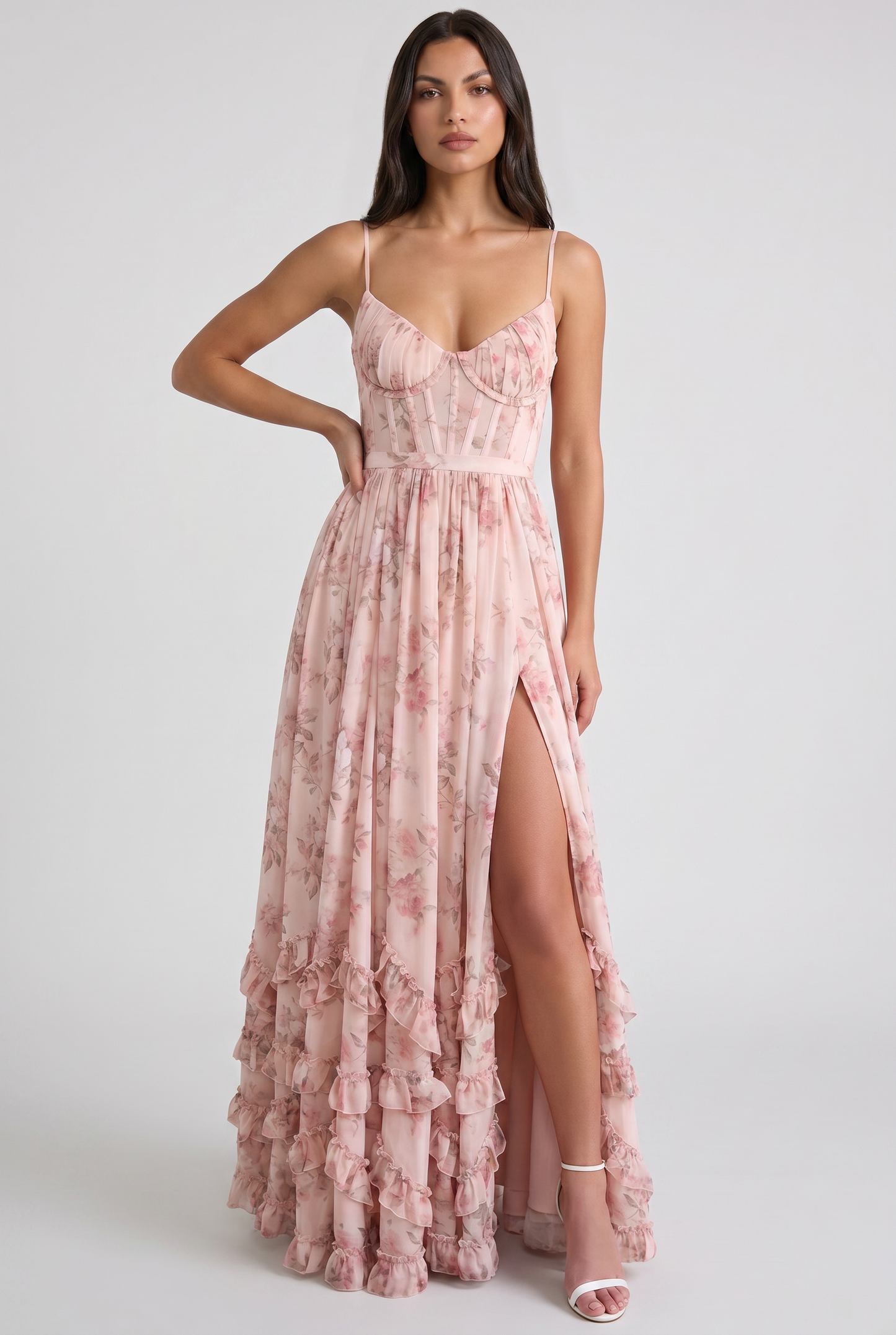 Women's Floral Corset Maxi Dress Ruffled High Slit Romantic Wedding Guest Summer Dress