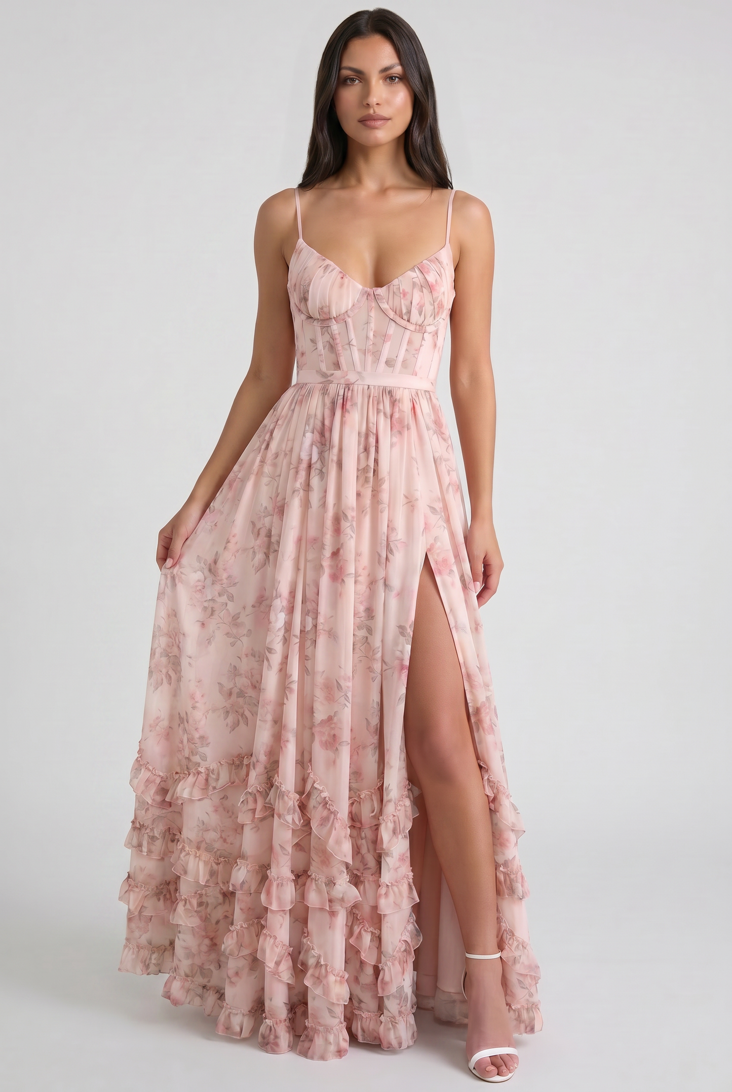 Women's Floral Corset Maxi Dress Ruffled High Slit Romantic Wedding Guest Summer Dress