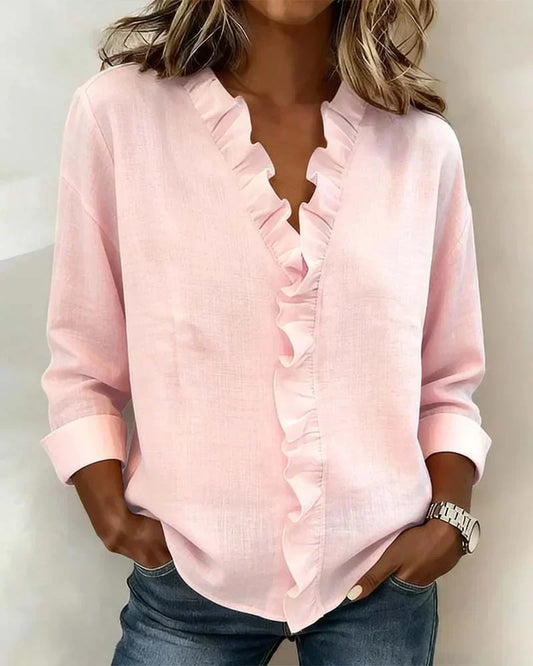 Indie | Blouse with Ruffles, V-Neck and Long Sleeves - Seldom Seen Styles