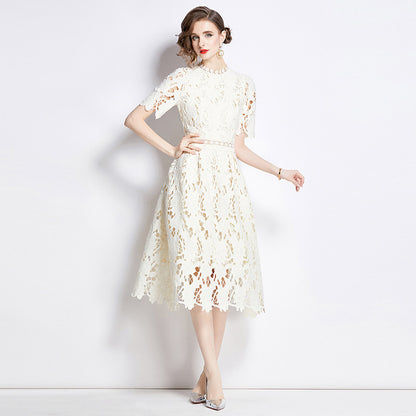 Jaca Lace Midi Dress Short Sleeve Round Neck Mid-Length Dress a Letter Embroidered Lace Dress