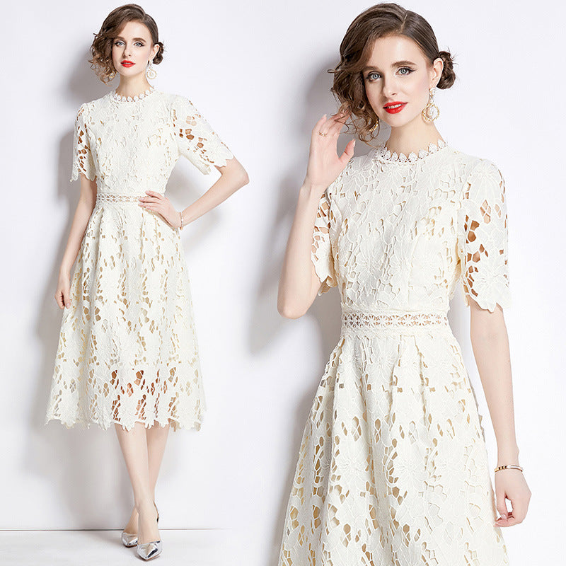 Jaca Lace Midi Dress Short Sleeve Round Neck Mid-Length Dress a Letter Embroidered Lace Dress - Seldom Seen Styles