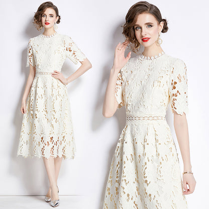 Jaca Lace Midi Dress Short Sleeve Round Neck Mid-Length Dress a Letter Embroidered Lace Dress