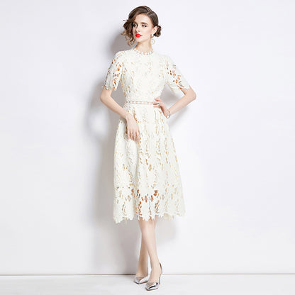 Jaca Lace Midi Dress Short Sleeve Round Neck Mid-Length Dress a Letter Embroidered Lace Dress