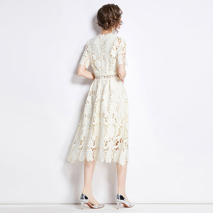 Jaca Lace Midi Dress Short Sleeve Round Neck Mid-Length Dress a Letter Embroidered Lace Dress