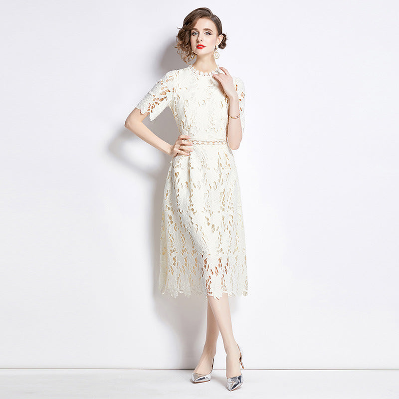 Jaca Lace Midi Dress Short Sleeve Round Neck Mid-Length Dress a Letter Embroidered Lace Dress - Seldom Seen Styles