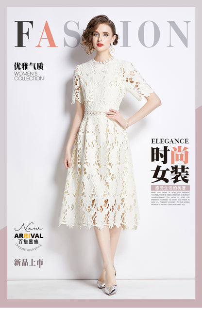 Jaca Lace Midi Dress Short Sleeve Round Neck Mid-Length Dress a Letter Embroidered Lace Dress