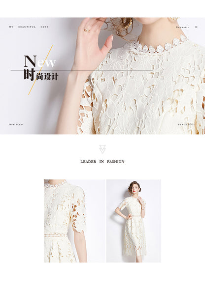 Jaca Lace Midi Dress Short Sleeve Round Neck Mid-Length Dress a Letter Embroidered Lace Dress