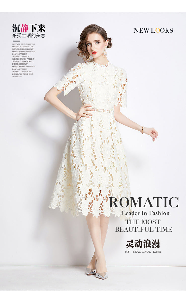 Jaca Lace Midi Dress Short Sleeve Round Neck Mid-Length Dress a Letter Embroidered Lace Dress - Seldom Seen Styles
