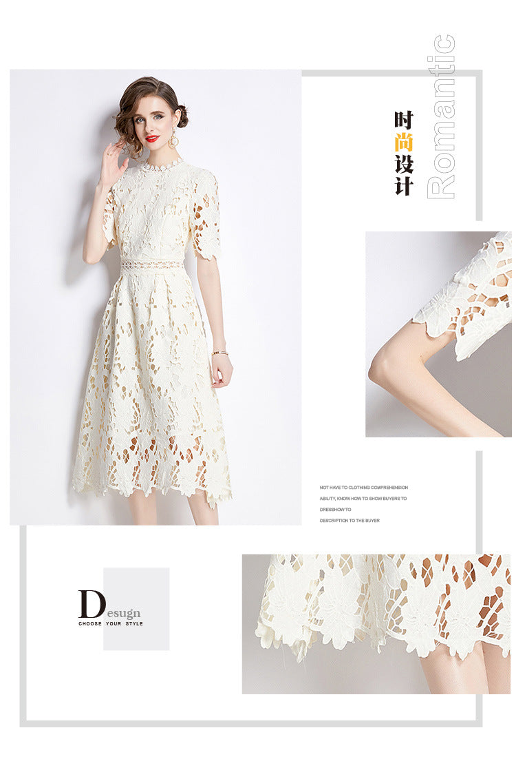Jaca Lace Midi Dress Short Sleeve Round Neck Mid-Length Dress a Letter Embroidered Lace Dress - Seldom Seen Styles