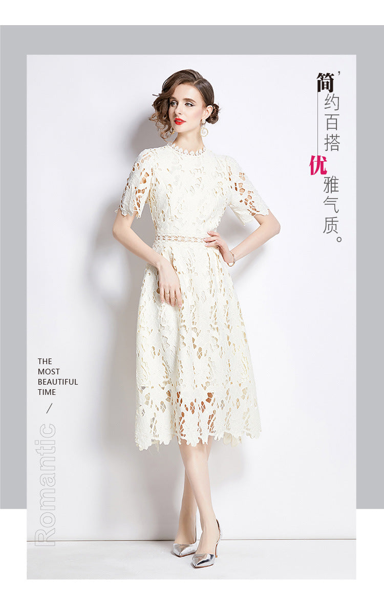Jaca Lace Midi Dress Short Sleeve Round Neck Mid-Length Dress a Letter Embroidered Lace Dress - Seldom Seen Styles