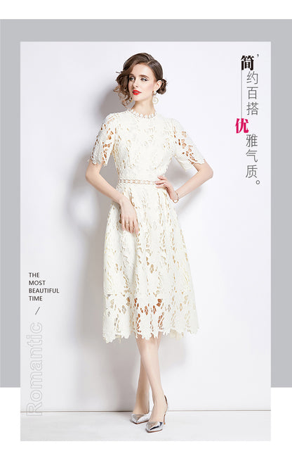 Jaca Lace Midi Dress Short Sleeve Round Neck Mid-Length Dress a Letter Embroidered Lace Dress