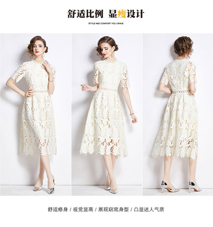 Jaca Lace Midi Dress Short Sleeve Round Neck Mid-Length Dress a Letter Embroidered Lace Dress