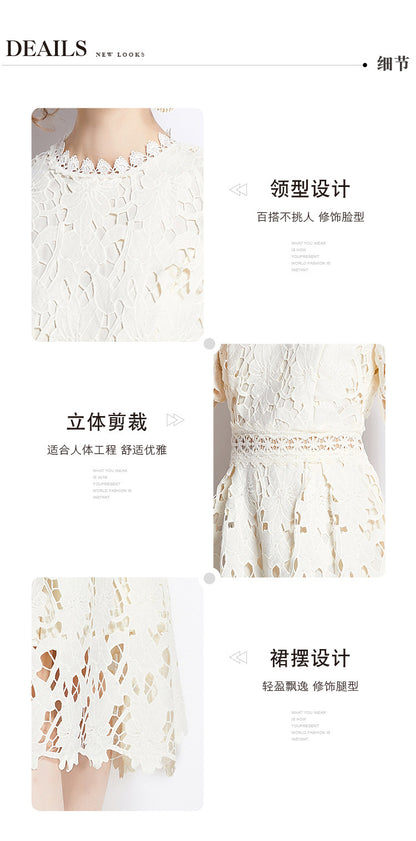 Jaca Lace Midi Dress Short Sleeve Round Neck Mid-Length Dress a Letter Embroidered Lace Dress