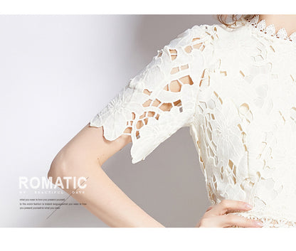 Jaca Lace Midi Dress Short Sleeve Round Neck Mid-Length Dress a Letter Embroidered Lace Dress