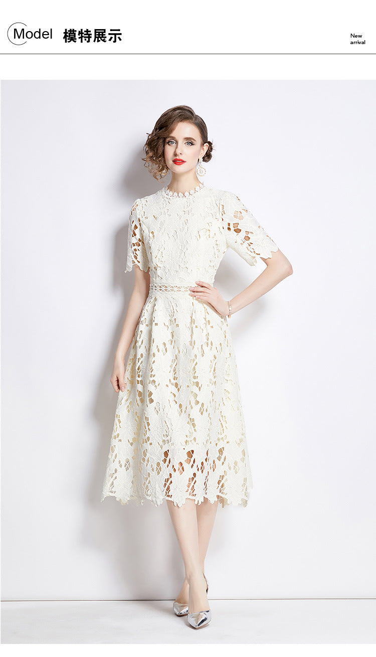 Jaca Lace Midi Dress Short Sleeve Round Neck Mid-Length Dress a Letter Embroidered Lace Dress - Seldom Seen Styles