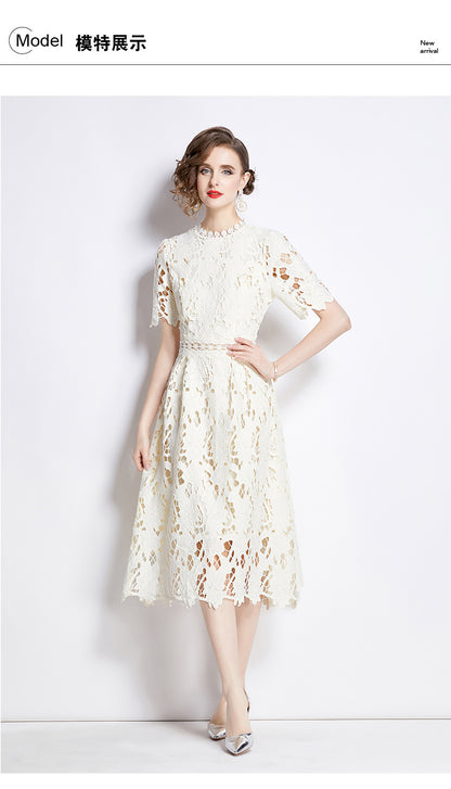Jaca Lace Midi Dress Short Sleeve Round Neck Mid-Length Dress a Letter Embroidered Lace Dress