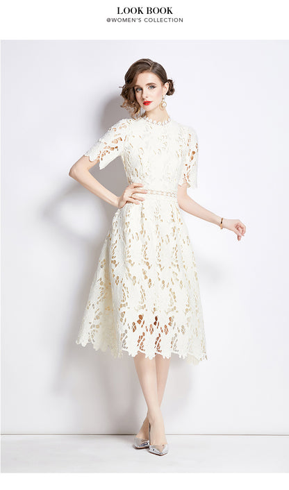 Jaca Lace Midi Dress Short Sleeve Round Neck Mid-Length Dress a Letter Embroidered Lace Dress